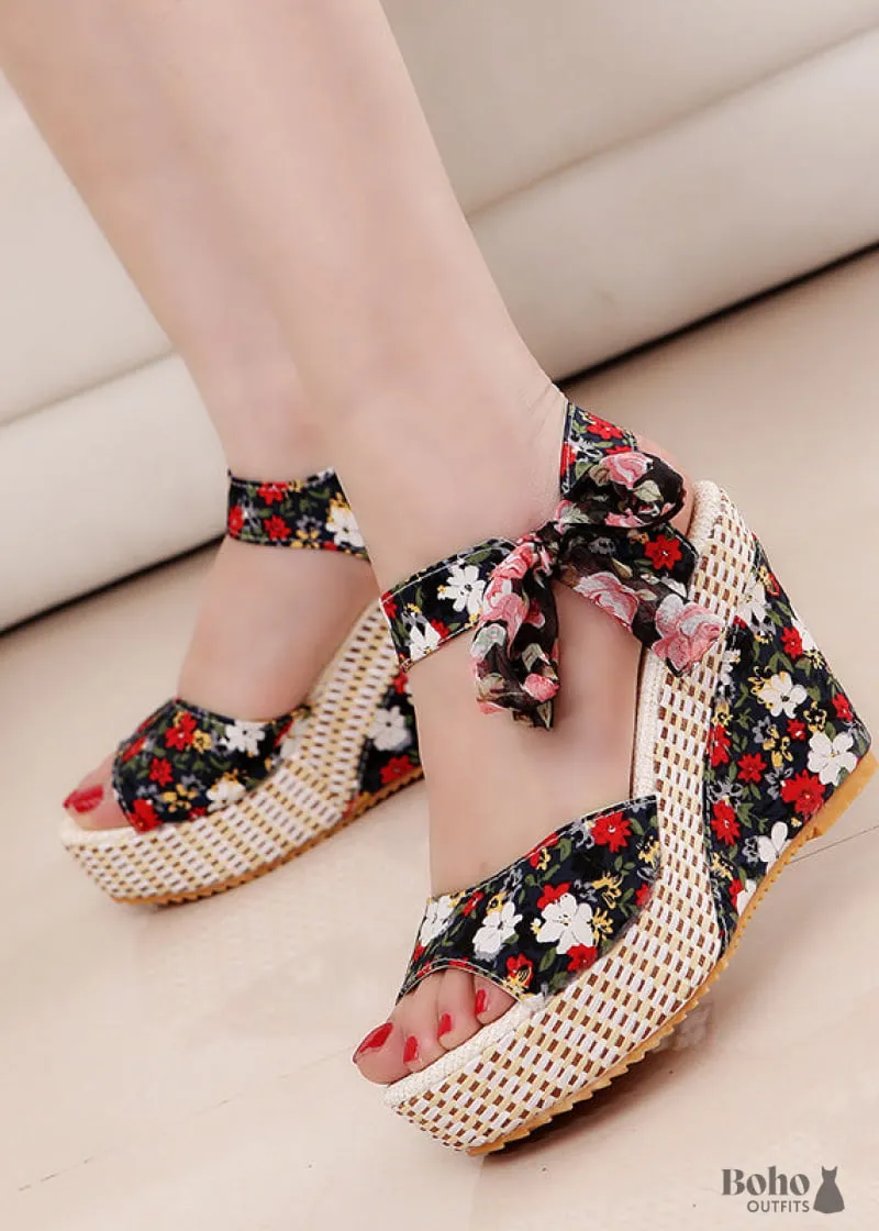 Boho Dress Boho Bow Wedge Sandals with floral fabric upper and bow detail on wedge heel