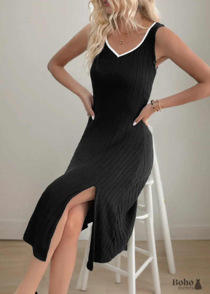 Boho Dress Black and white contrast suspender set slit skirt, product photo of the black high-waist skirt with white suspender straps