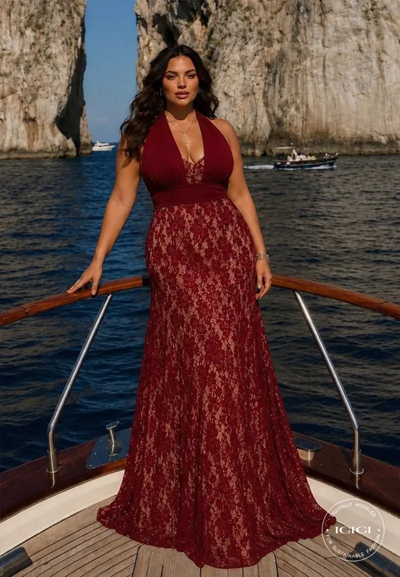 IGIGI Arabella Lace Gown - burgundy lace evening gown with plunging halter neckline