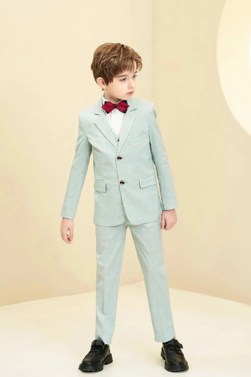 Wehilion Boys Mint Green Plaid Elegant Formal 5 Piece Suits in slim-fit cut
