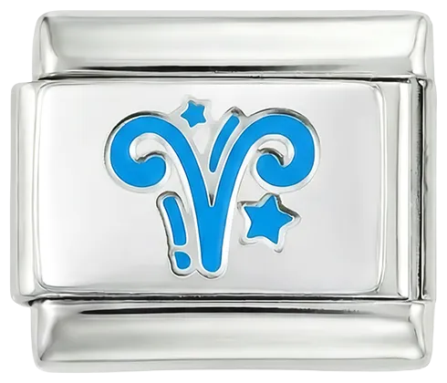 Charms Official Aries Blue, on Silver zodiac charm with white plate and ram symbol