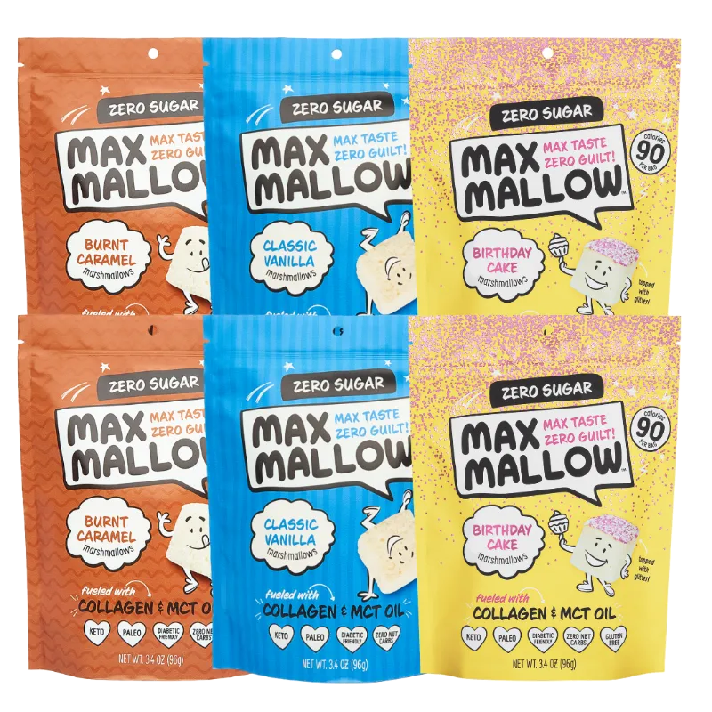 Max Sweets Best Sellers Variety 6 Pack bundle showing six bags of sugar-free marshmallows