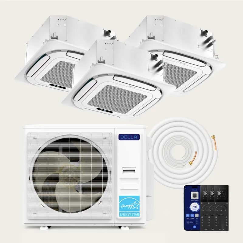 Della Home 36000 BTU Tri-Zone Ceiling Cassette Mini Split with three indoor units