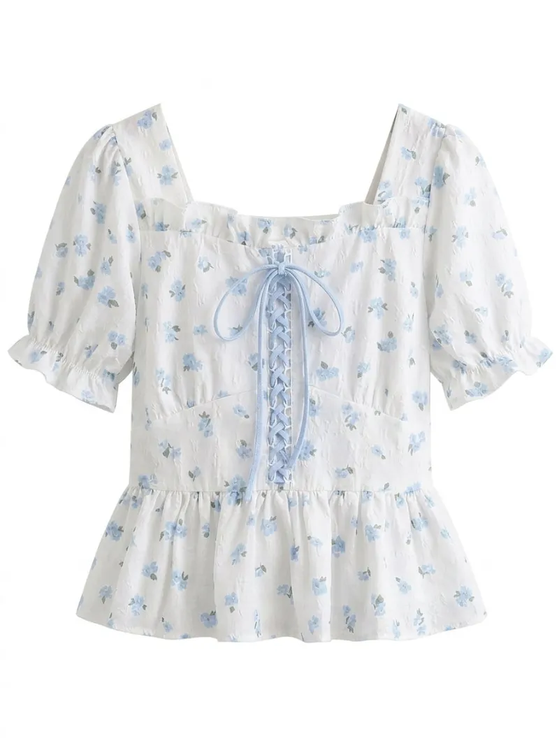 Cottagecore Clothes Cottagecore Blouse with blue floral print and ribbon corset lacing