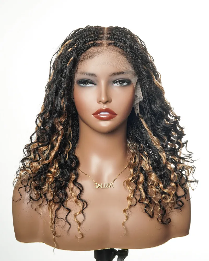 Jaliza Blend 1B 27 Color Human Hair Lace Knotless Boho Box Braided Wig with honey blonde curl highlights
