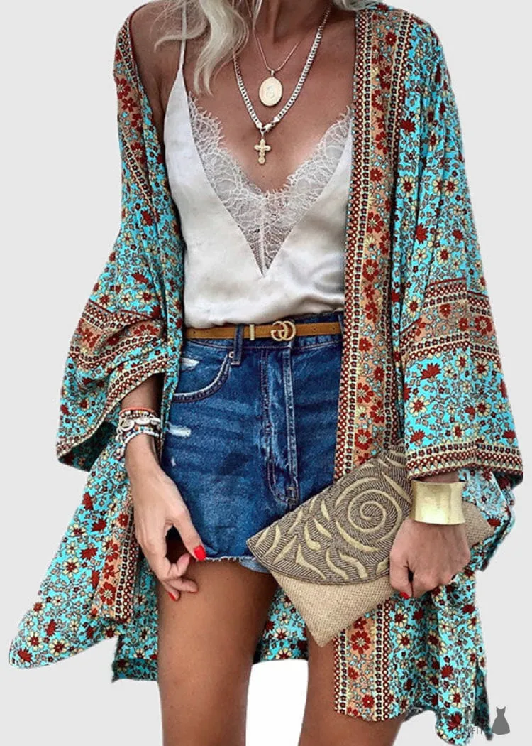 Boho Dress 2024 Thin Loose Long Sleeve Printed Medium Length Green Boho Cardigan with V-neckline