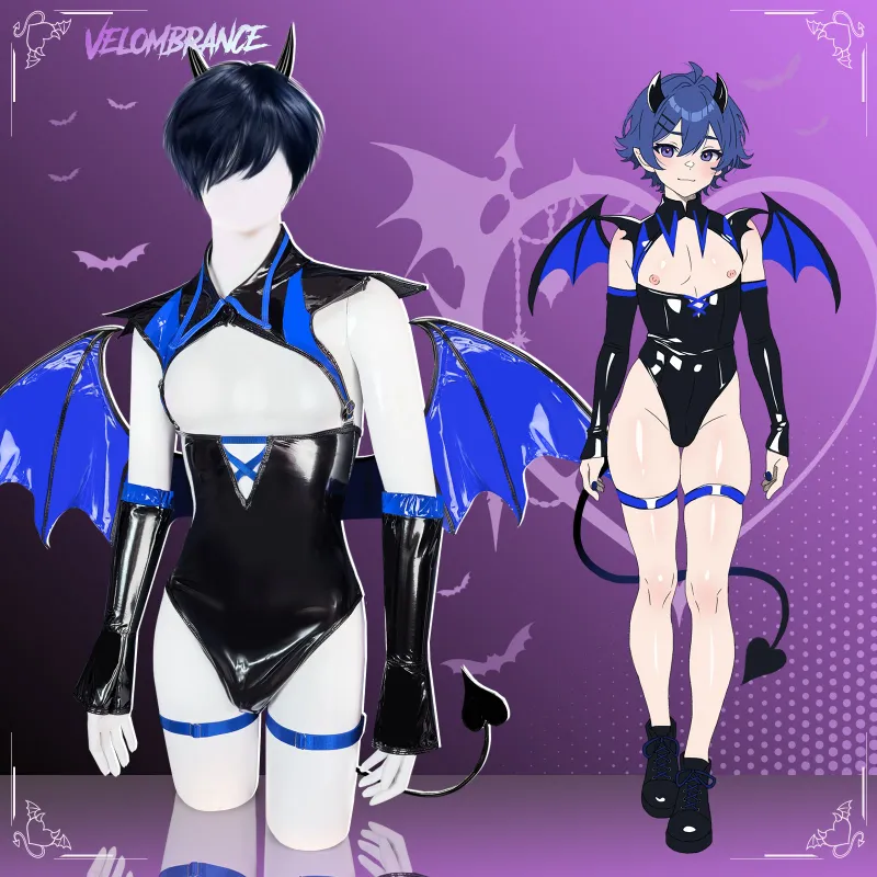 Velombrance Dark Horn Succubus Cosplay Costume six-piece set with horns, wings, and cape on display