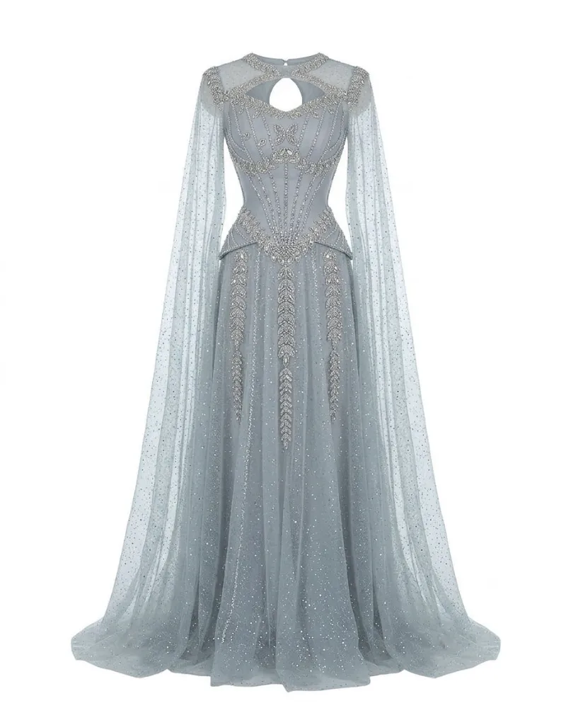 Cottagecore Clothes Ethereal Dress in Glacial Silver with beaded bodice and flowing cape sleeves