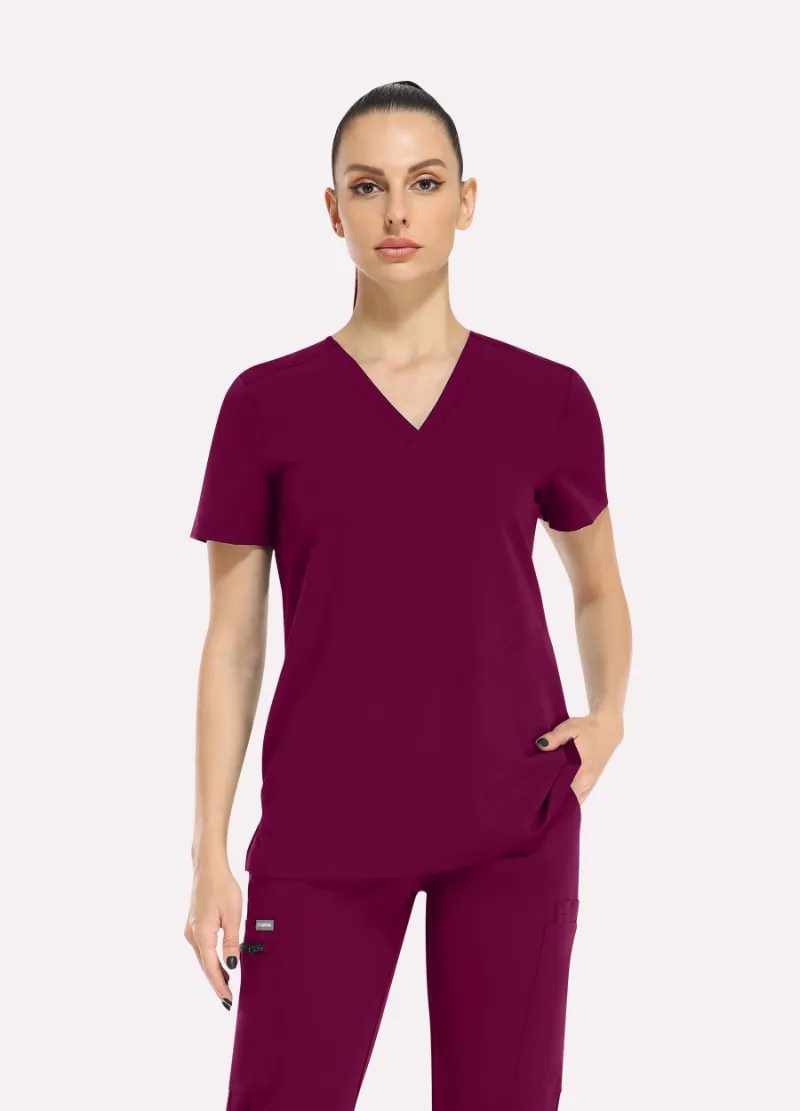 COMENII ElegCare™ Slim Scrub Top Wine Red, front view showing slim fit and hidden pocket design