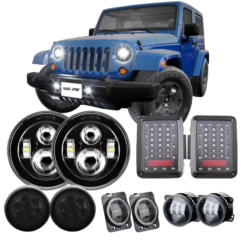 Sunpie 7 inch Headlights plus 4 inch Fog Lights plus Front Turn Signals plus Fender Turn Signals plus Tail Lights Combo Kit for 2007-2018 Je