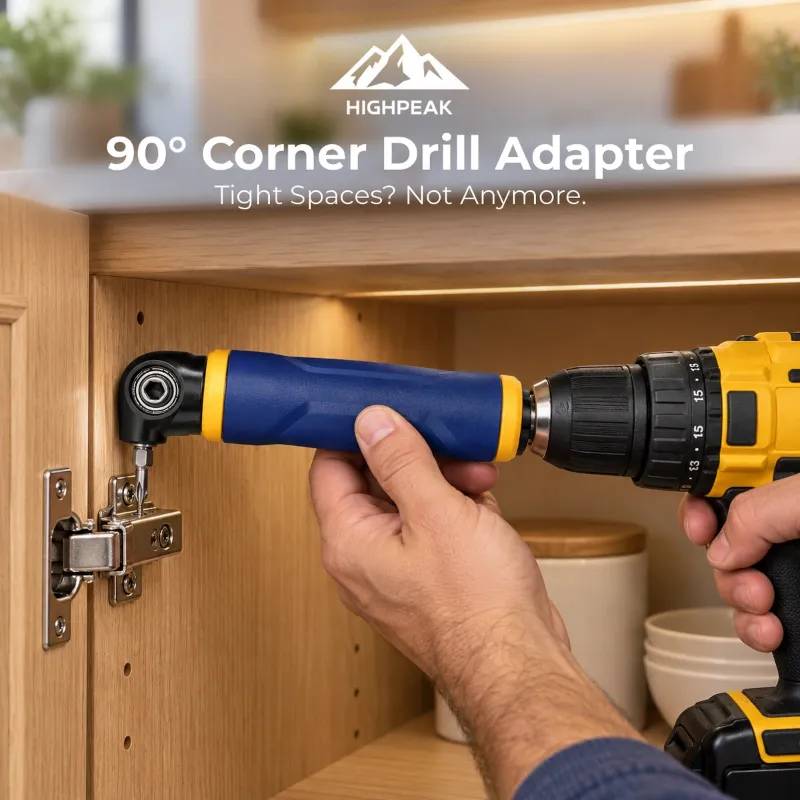 HighPeak 90° Corner Drill Adapter, a right-angle drill attachment with shaped handle on a workbench
