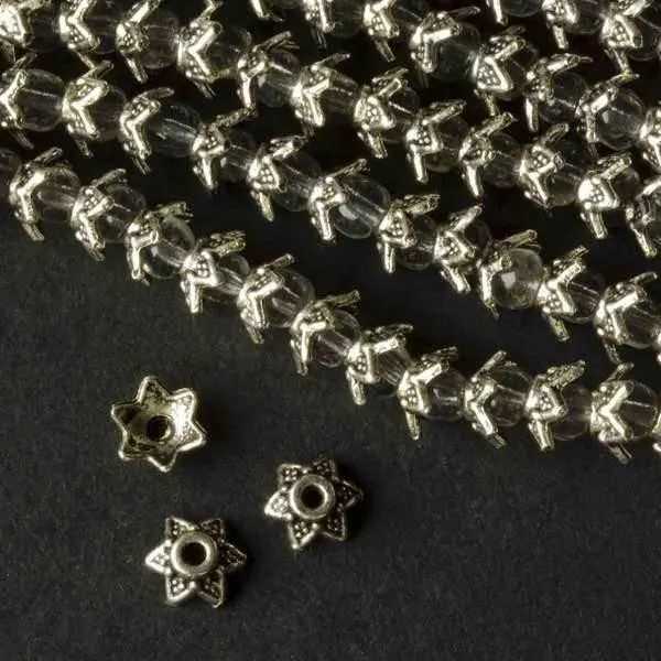 Cherry Tree Beads Silver Pewter 3x7mm Star Bead Caps with Dots on an 8 inch strand