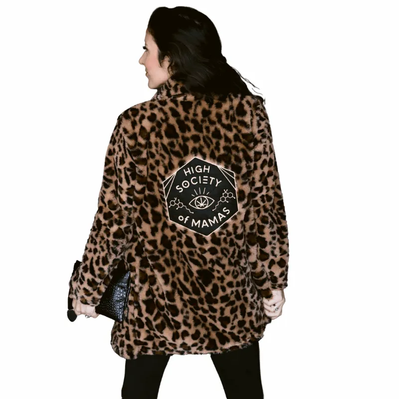 Society's Plant High Society of Mamas Jacket in faux fur leopard print with patch on back