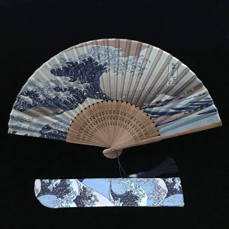 Foxtume Japanese Folding Fan The Great Wave Kanagawa, a folded silk sensu with the iconic wave print