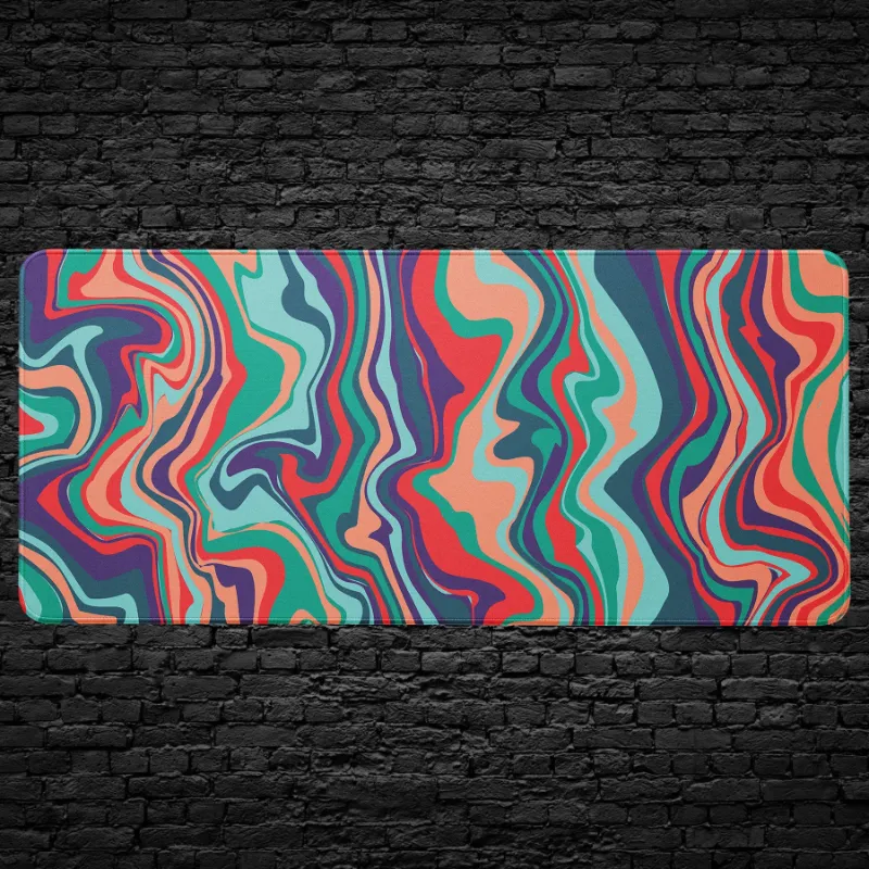 CruArt Colorful Abstract Wave Desk Mat with flowing red, teal, purple, and coral lines