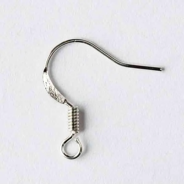 Cherry Tree Beads silver 16mm ear wires with coil detail, 12 pairs spread on a flat surface