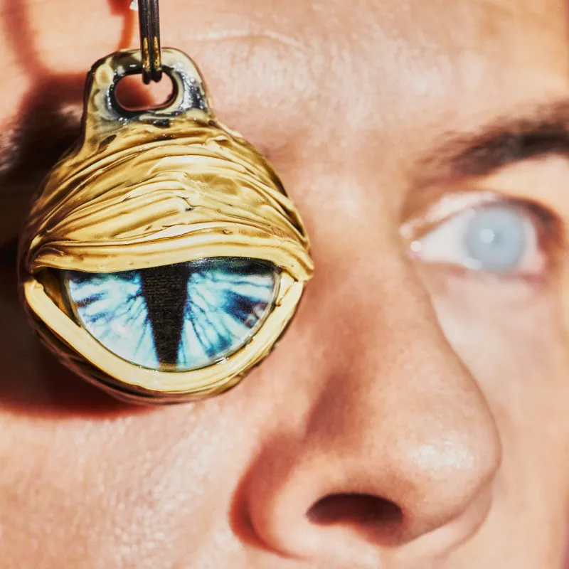 Techypop Gold Monster Eyes Handmade AirTag Case, monster face with polymer clay and gold finish