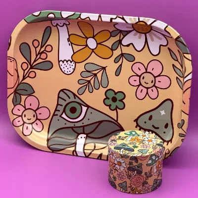 High Dreams Rolling Tray & Grinder Set Aesthetic featuring metal tray and precision aluminum grinder with floral design