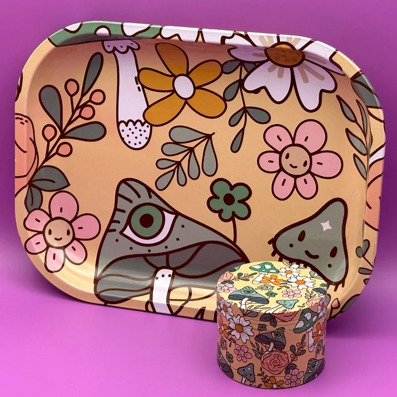 High Dreams Rolling Tray & Grinder Set Aesthetic featuring metal tray and precision aluminum grinder with floral design