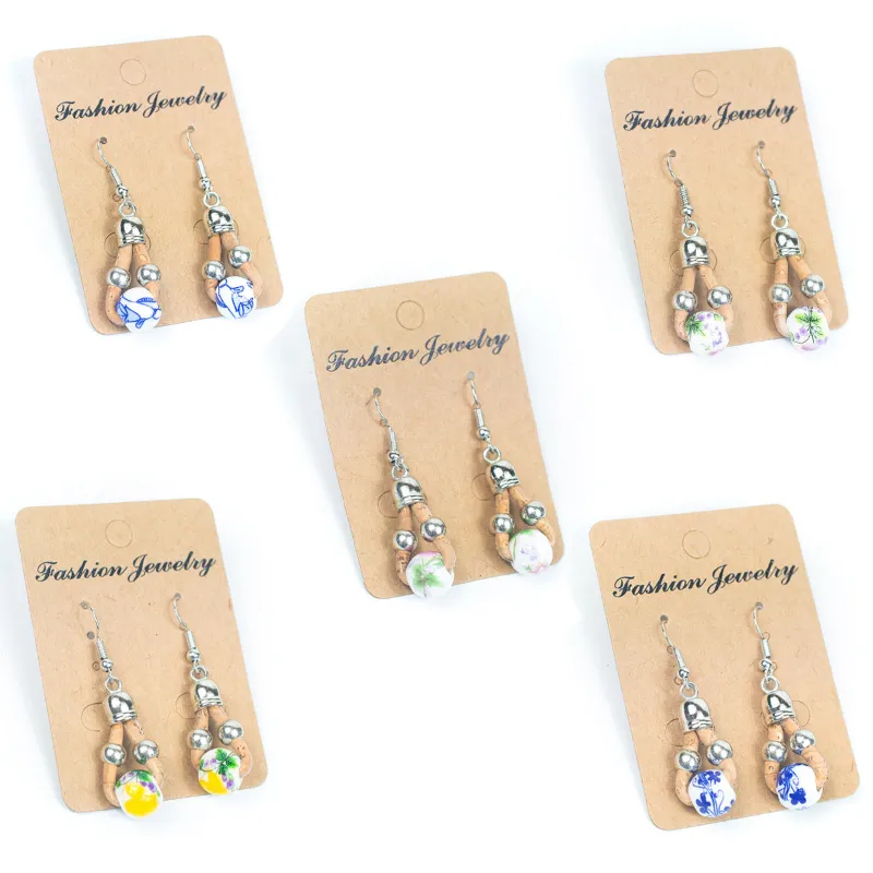 Corkadia ceramic bead cork handmade earrings, cork cord loops with colourful ceramic beads