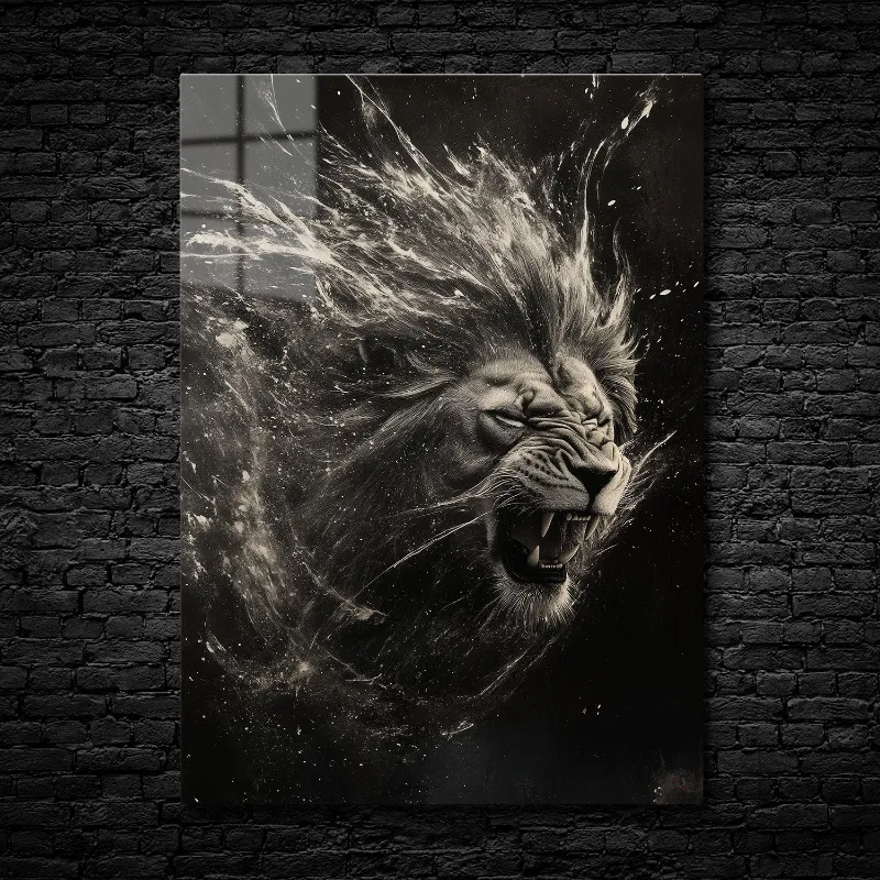 CruArt Roar of the Cosmos metal print showing a fierce lion's face with cosmic swirls and white streaks on dark background