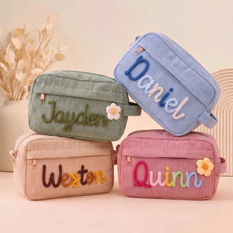 MamaRaya Personalized Corduroy Pencil Case with raised yarn name and flower accent