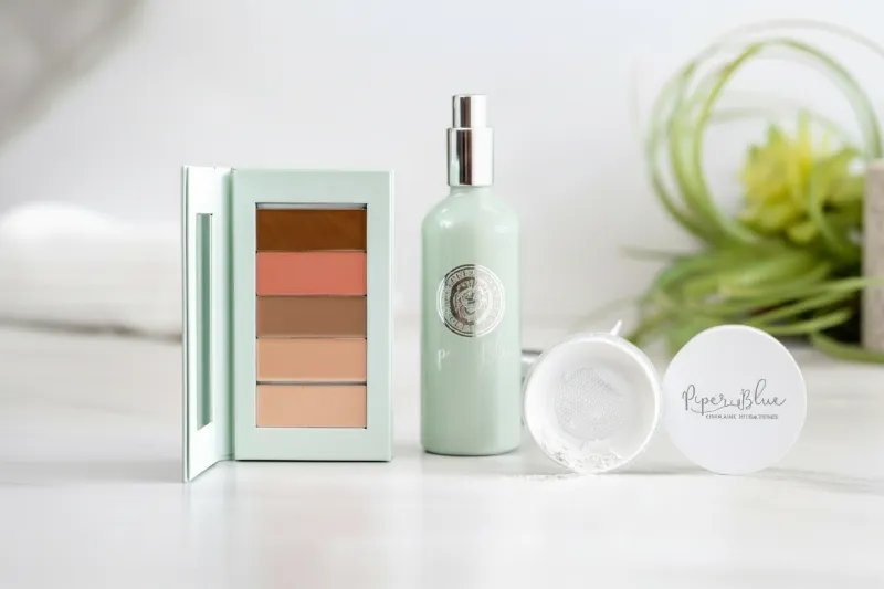 PiperBlue Organic Makeup Tri-Power Bundle with compact, setting spray, and powder arranged together