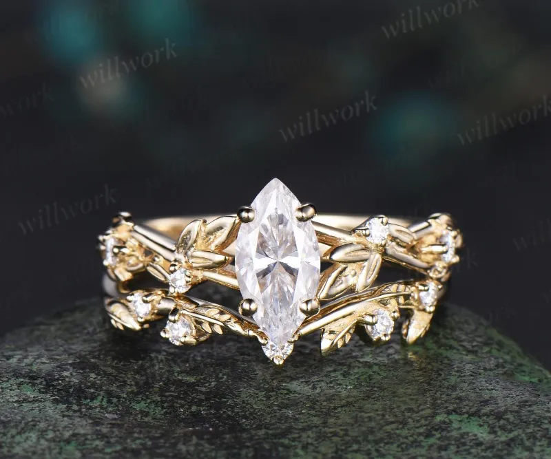 WillWork Jewelry 1ct marquise cut moissanite engagement ring set, 14k yellow gold twig leaf design
