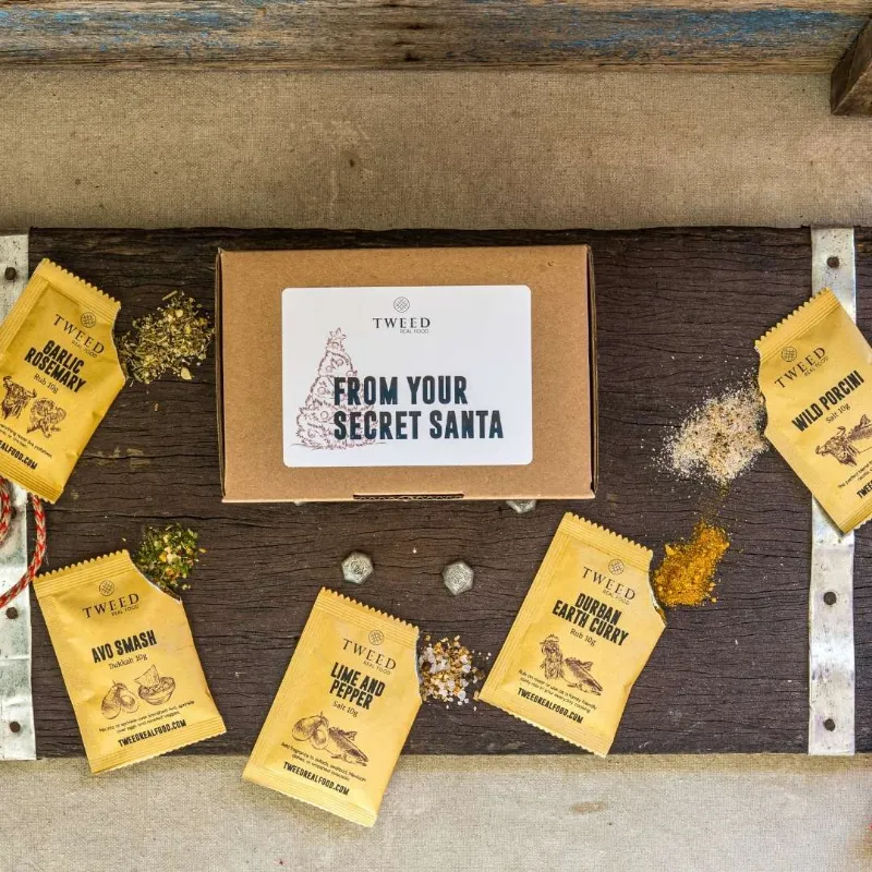 Tweed Real Food Secret Santa Gift Hamper with five sample-size seasonings including dukkah and rubs