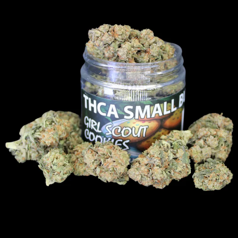 THCA Small Buds Girl Scout Cookies THCA Flower in branded jar showing full-sized organic outdoor buds