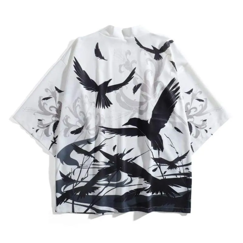 Foxtume Black & White Raven Kimono Cardigan with raven print design