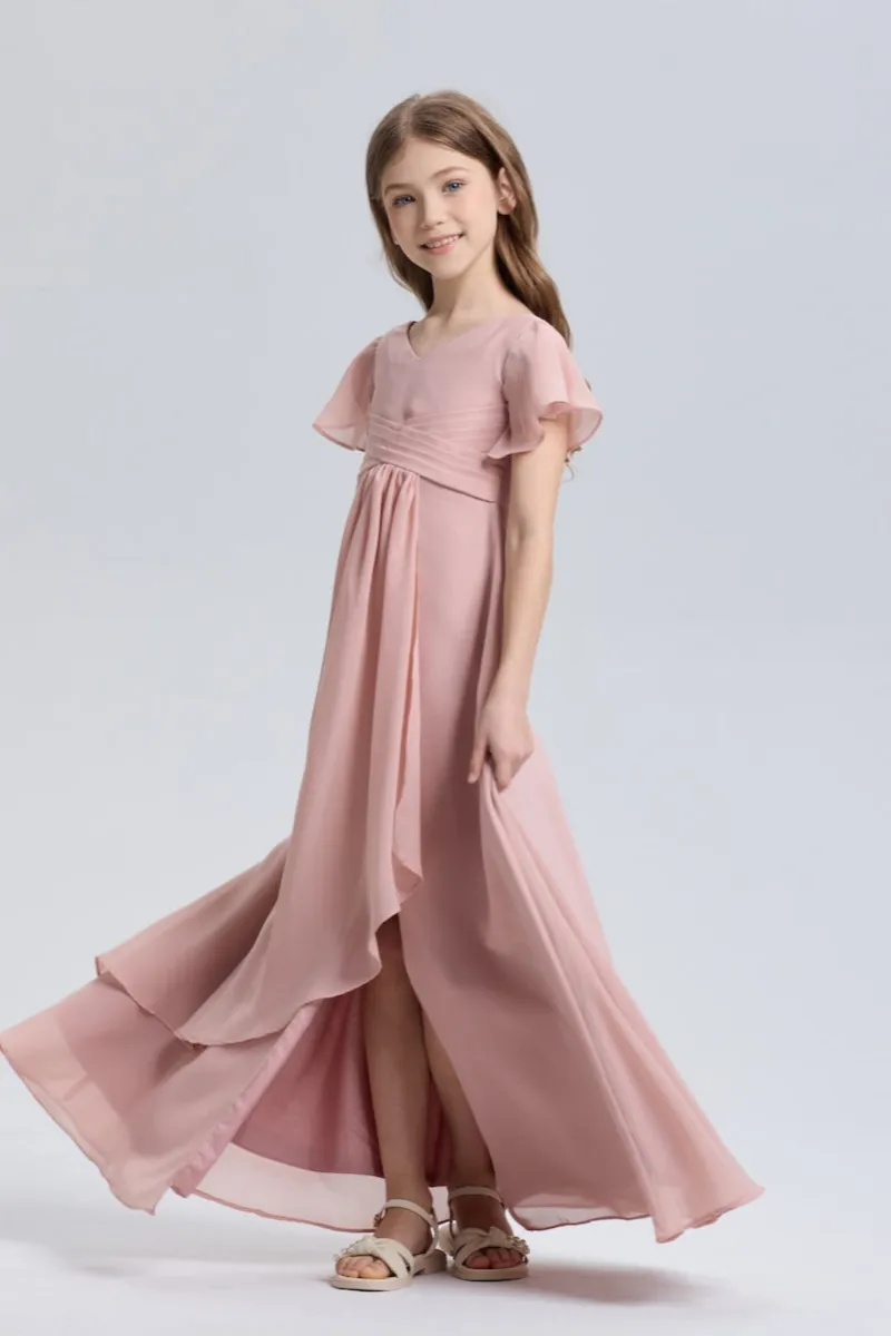 Wehilion Elegant Ruffle V-Neck Slit Chiffon Flower Girl Dress in soft pink chiffon