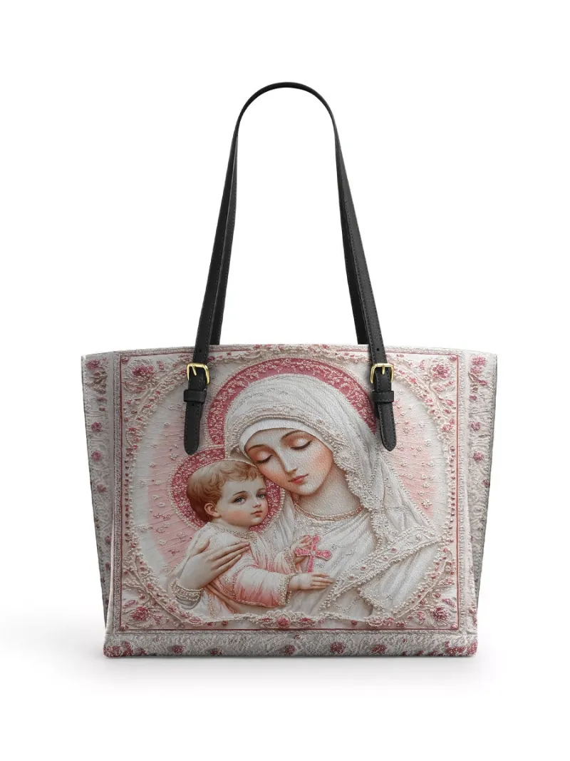 Catholight Sacred Serenity The Madonna's Tender Embrace Leather Tote Bag with sacred art design