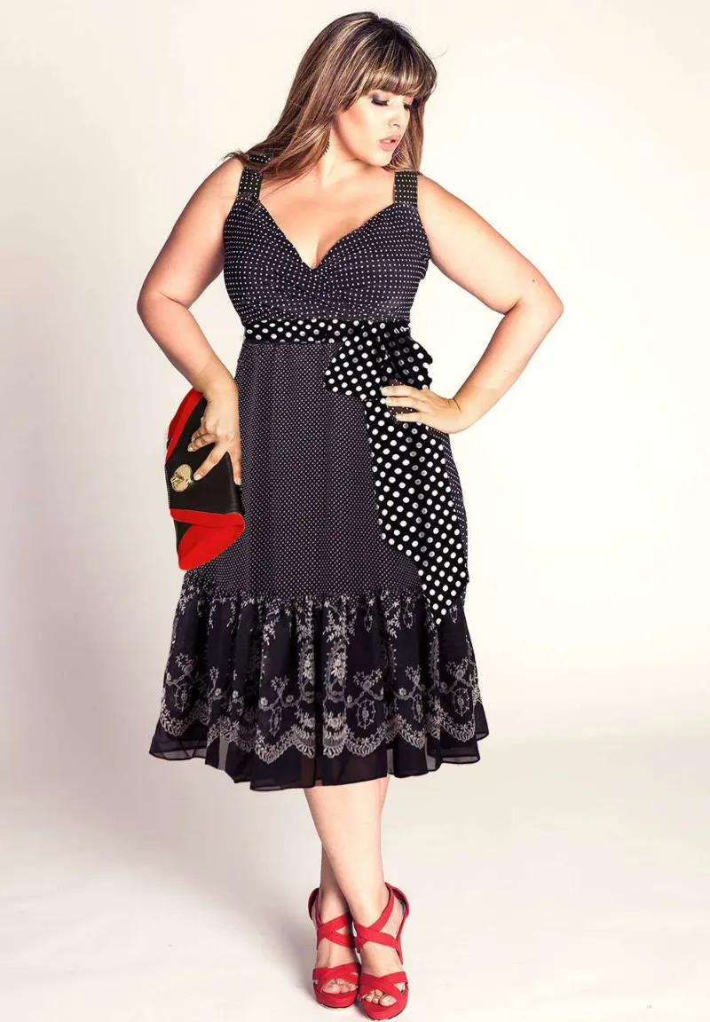 IGIGI Alexis Plus Size Polka Dot Dress showing a polka dot dress with surplice neckline and sash