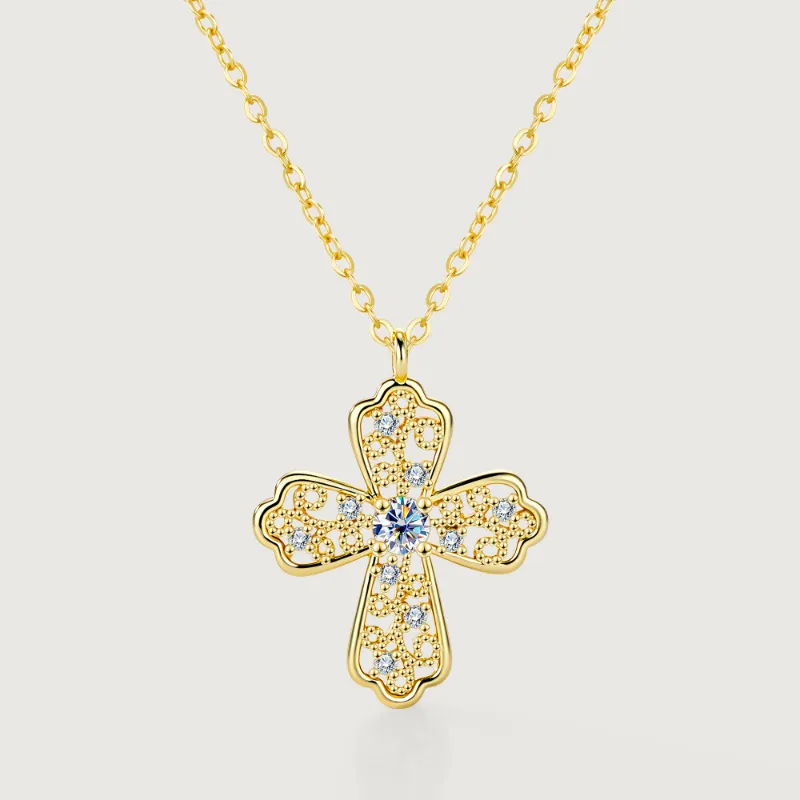 Alexcraft Linework Cross Moissanite Pendant Necklace with beaded filigree detailing and center moissanite stone