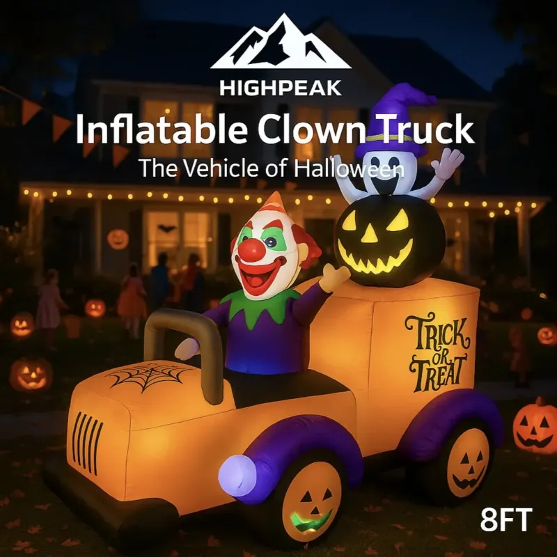 HighPeak 8ft Halloween Inflatable Clown Truck with clown driver and ghost glowing at night