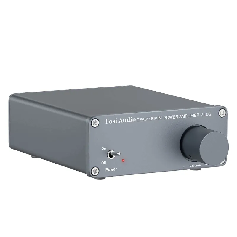 Fosi Audio V1.0G Mini Stereo Audio Amplifier with aluminum chassis and single control knob