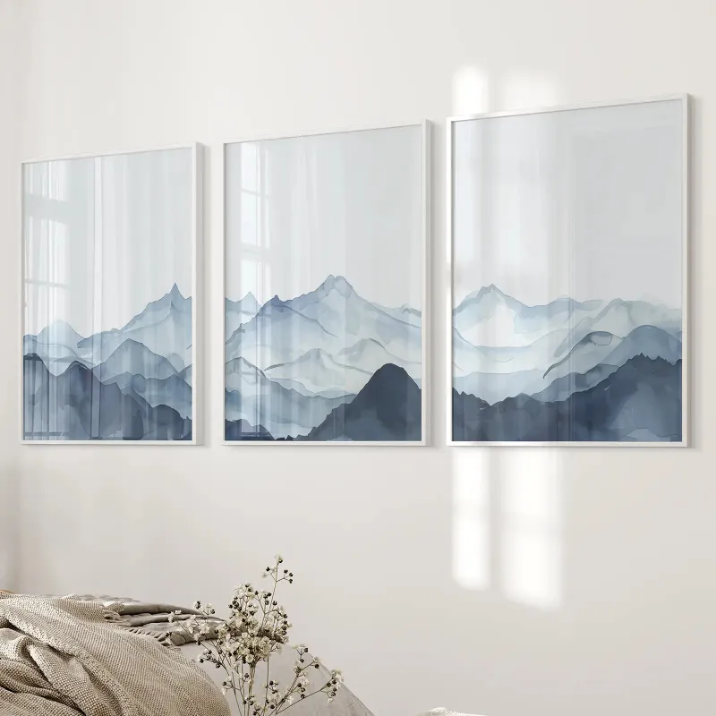 Wall Art Set Blue Abstract Watercolor Mountain 3 Piece Decor showing abstract mountain landscape in blue watercolor