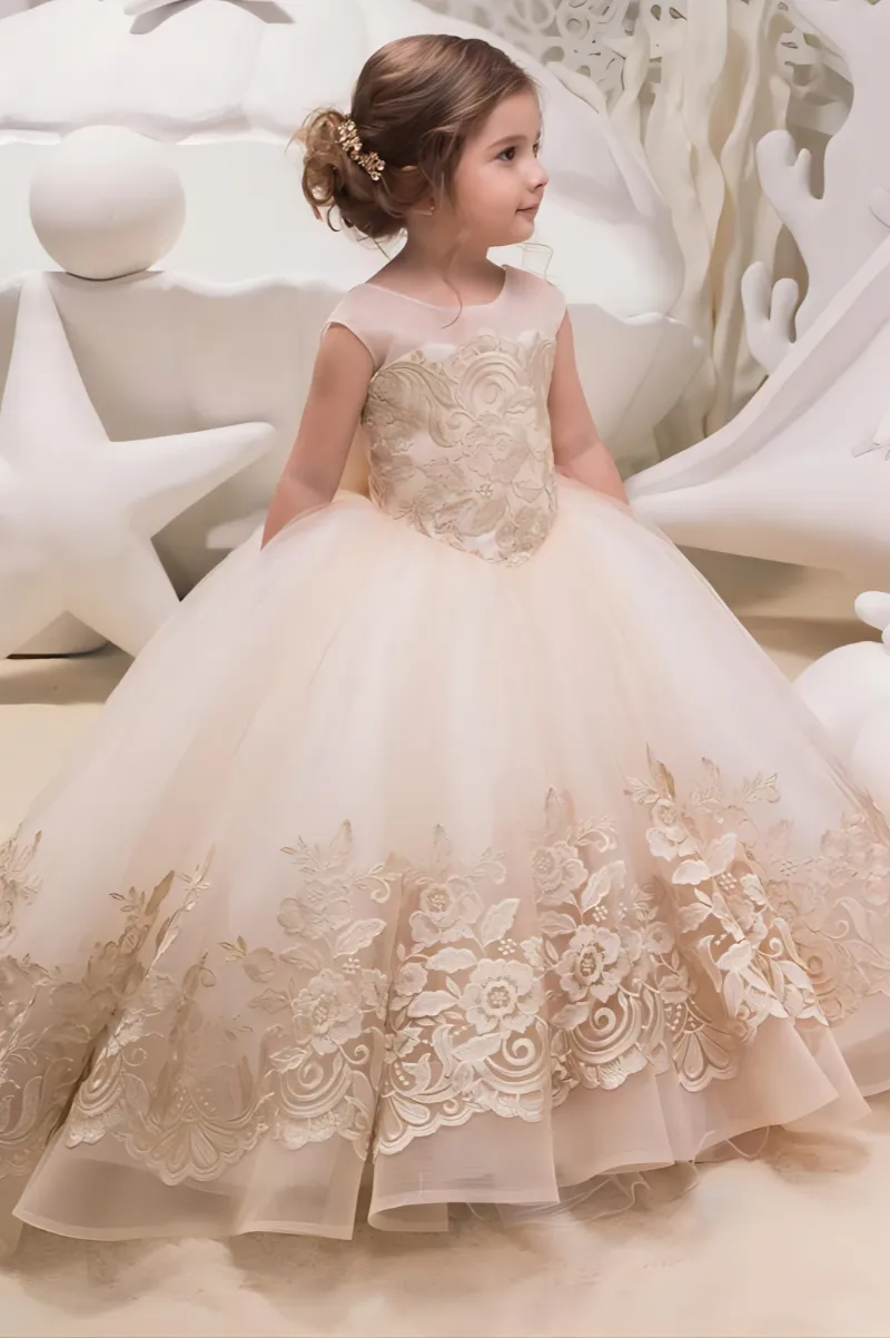 Wehilion Flower Girl Dress for Wedding Bridesmaid Princess Party Gown, a lace tulle party gown