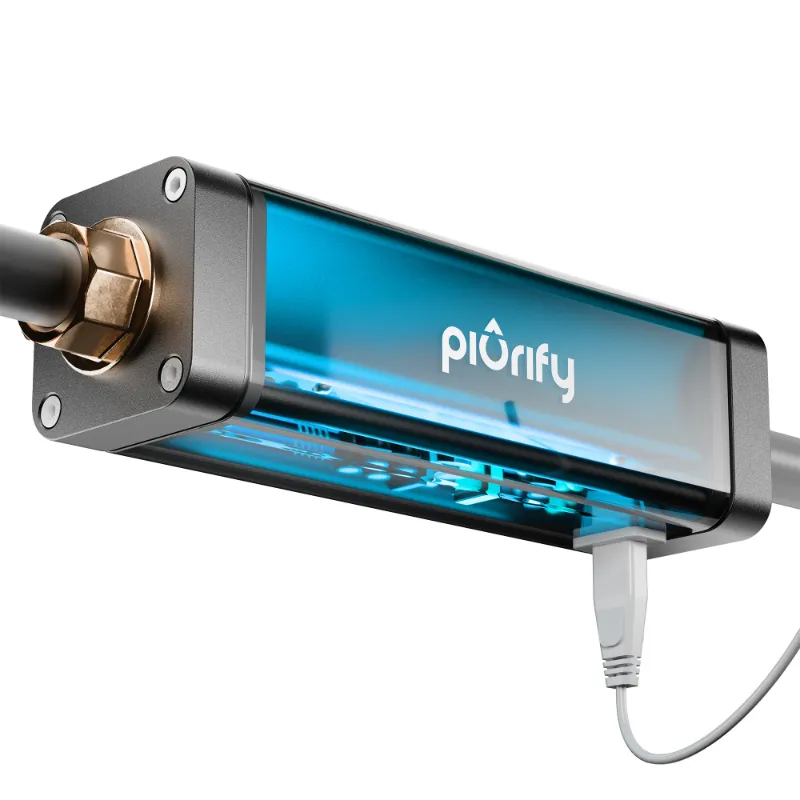 Piurify InLine Water Descaler showing inline installation unit with electric field technology