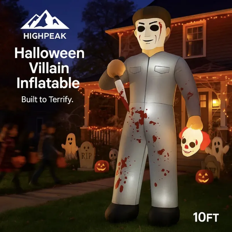 HighPeak 10ft Halloween Villain Inflatable, glowing slasher yard decoration with knife
