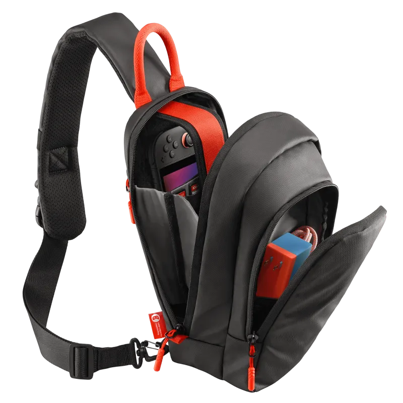 JSAUX Crossbody Sling Bag for Handheld Consoles shown with compartments open