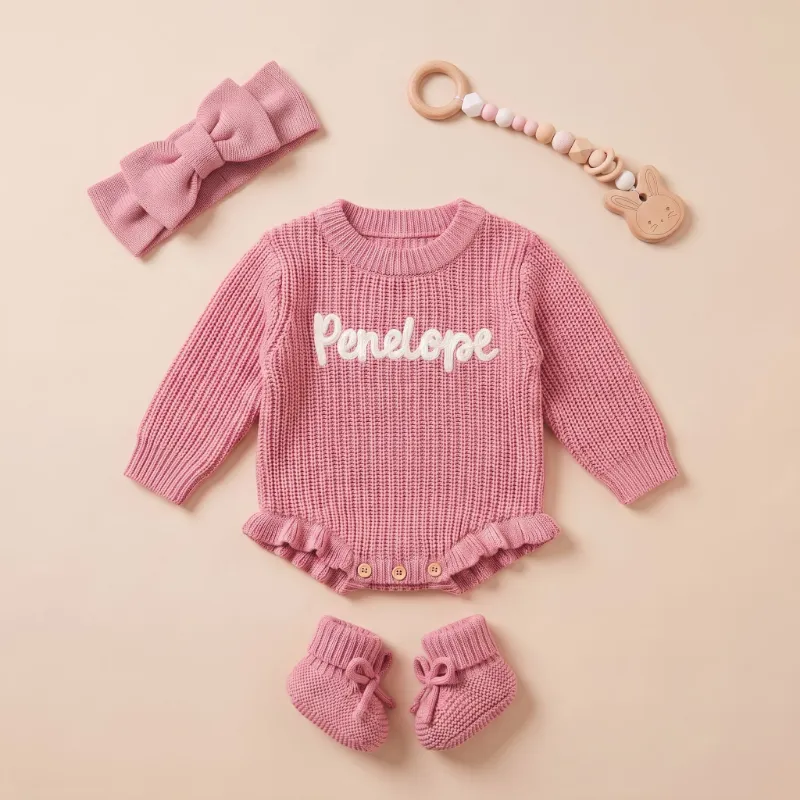 MamaRaya Custom Baby Girl Ruffle Sweater Headband Socks Set with bow and personalized name