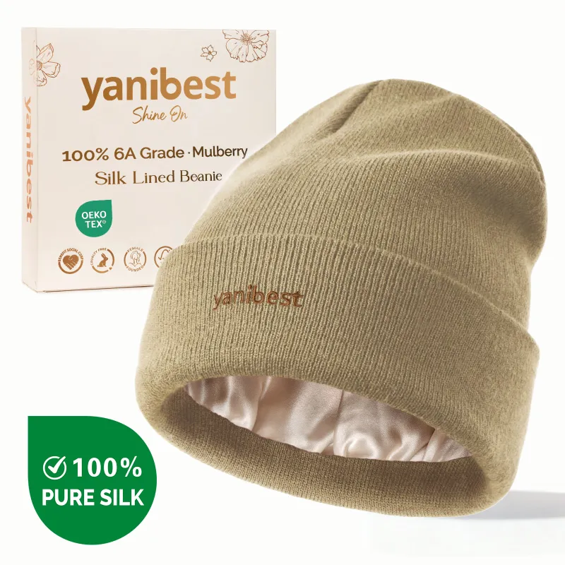 Yanibest Mulberry Silk Lined Beanie in Khaki Gray, shown with silk lining folded back