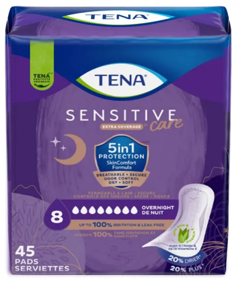 ActivKare TENA Sensitive Care Extra Coverage Overnight Pads packaging showing white absorbent pad