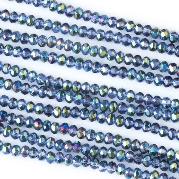 Cherry Tree Beads Crystal 2x2mm Storm Blue Faceted Rondelle Beads with green and purple AB finish