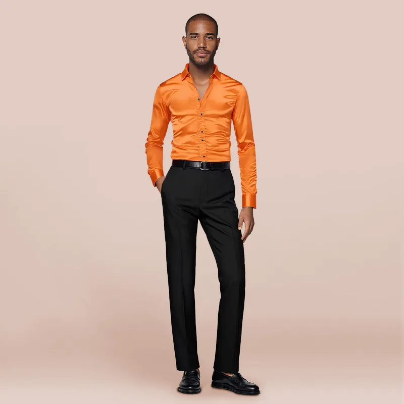Cloudstyle Casual Fashion Shiny Long Sleeve Lapel Shirt in orange, front button-closure view