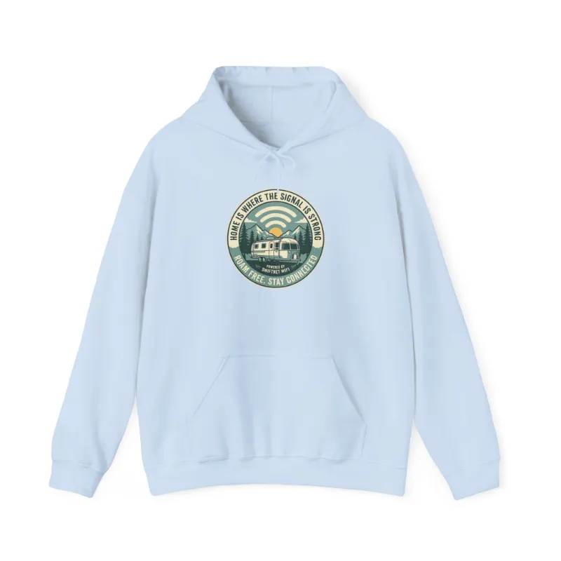 SwiftNetllc Home Is Where The Road Is Hoodie with vintage RV camper badge on fleece pullover