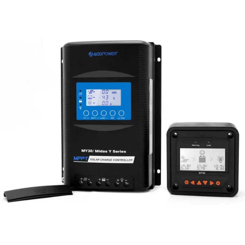 ACOPOWER Midas 30 Amp MPPT Solar Charge Controller with MT-50 remote meter and display screen