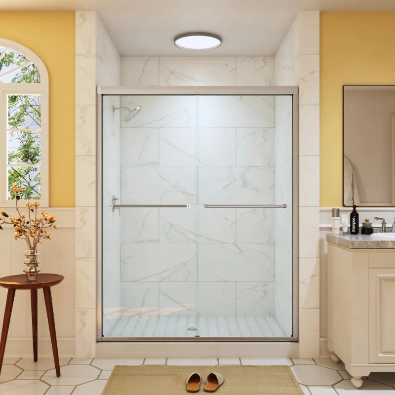 HOROW 60 Inch Brushed Nickel Frameless Shower Door with dual handles in a bathroom